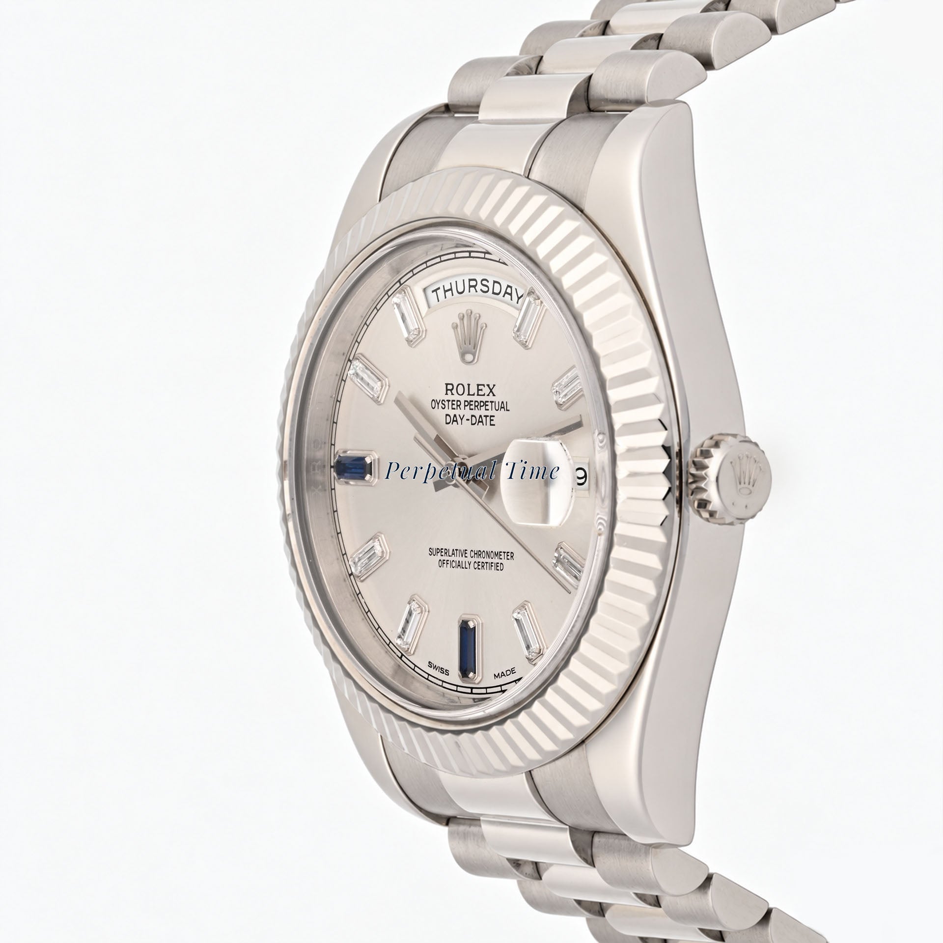 Rolex Day-Date 41mm Silver Diamond & Sapphire Dial 218239 Fluted Bezel President Band