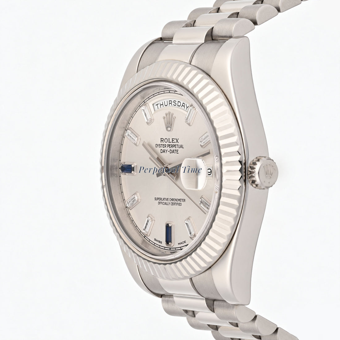 Rolex Day-Date 41mm Silver Diamond & Sapphire Dial 218239 Fluted Bezel President Band
