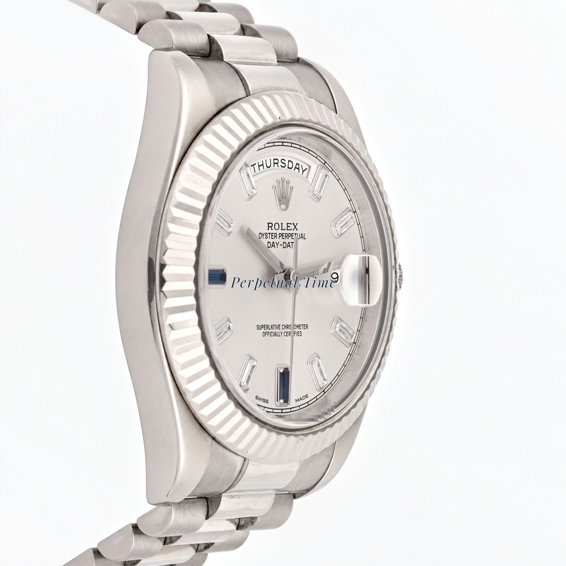 Rolex Day-Date 41mm Silver Diamond & Sapphire Dial 218239 Fluted Bezel President Band