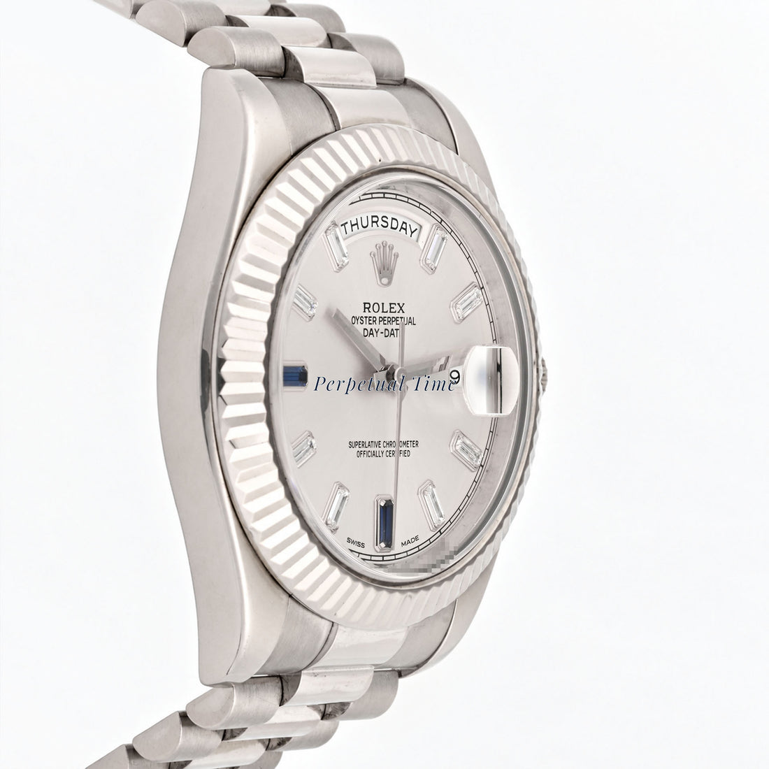 Rolex Day-Date 41mm Silver Diamond & Sapphire Dial 218239 Fluted Bezel President Band