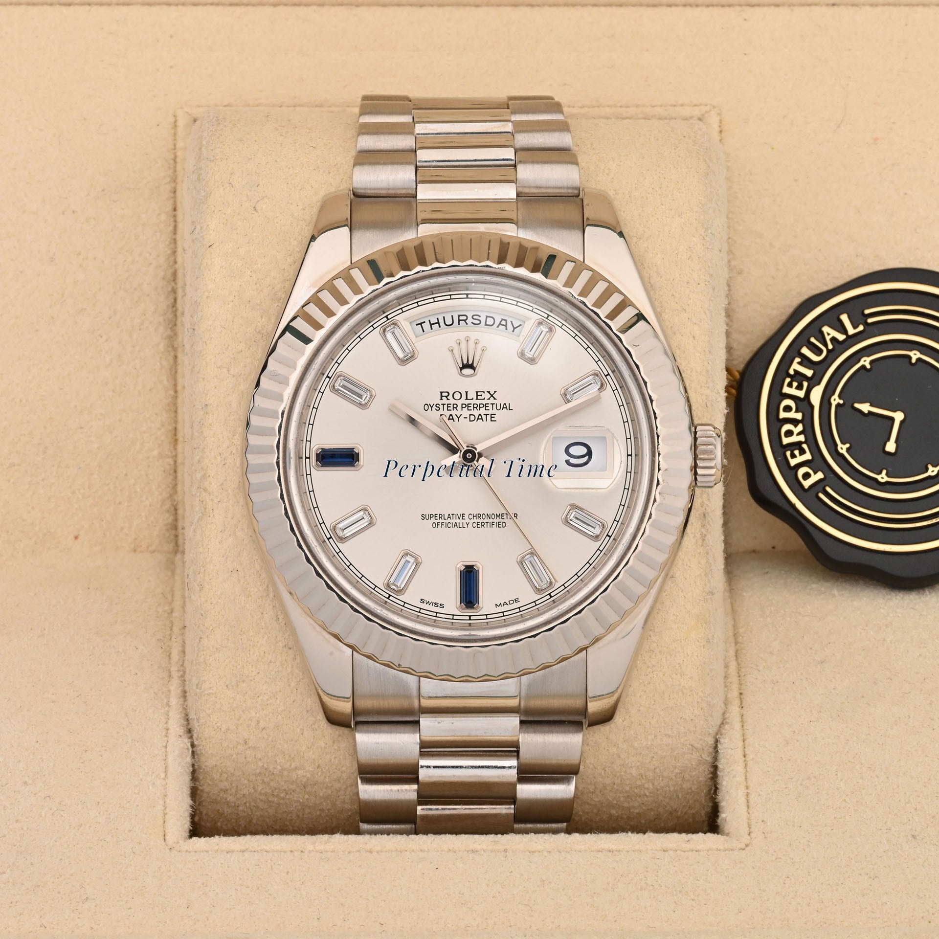 Rolex Day-Date 41mm Silver Diamond & Sapphire Dial 218239 Fluted Bezel President Band