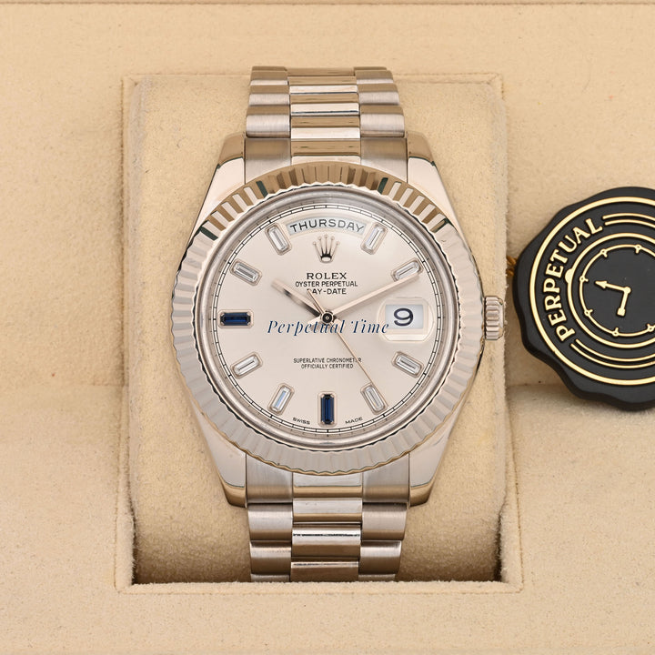 Rolex Day-Date 41mm Silver Diamond & Sapphire Dial 218239 Fluted Bezel President Band