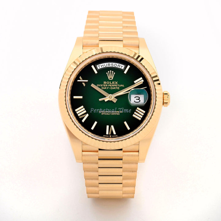 Rolex Day-Date 40mm Green Ombré Roman Dial 228238 Fluted Bezel President Band