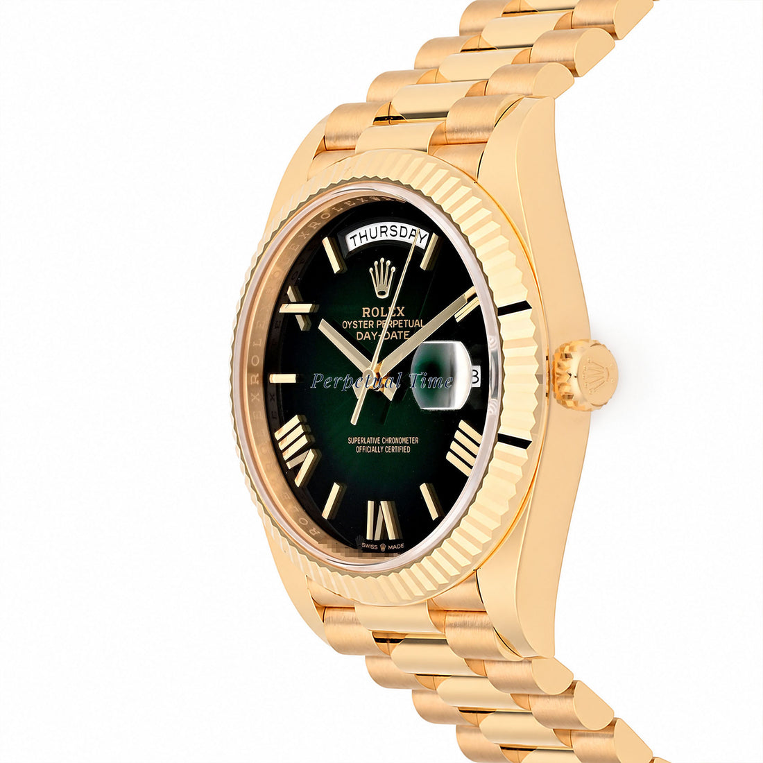 Rolex Day-Date 40mm Green Ombré Roman Dial 228238 Fluted Bezel President Band