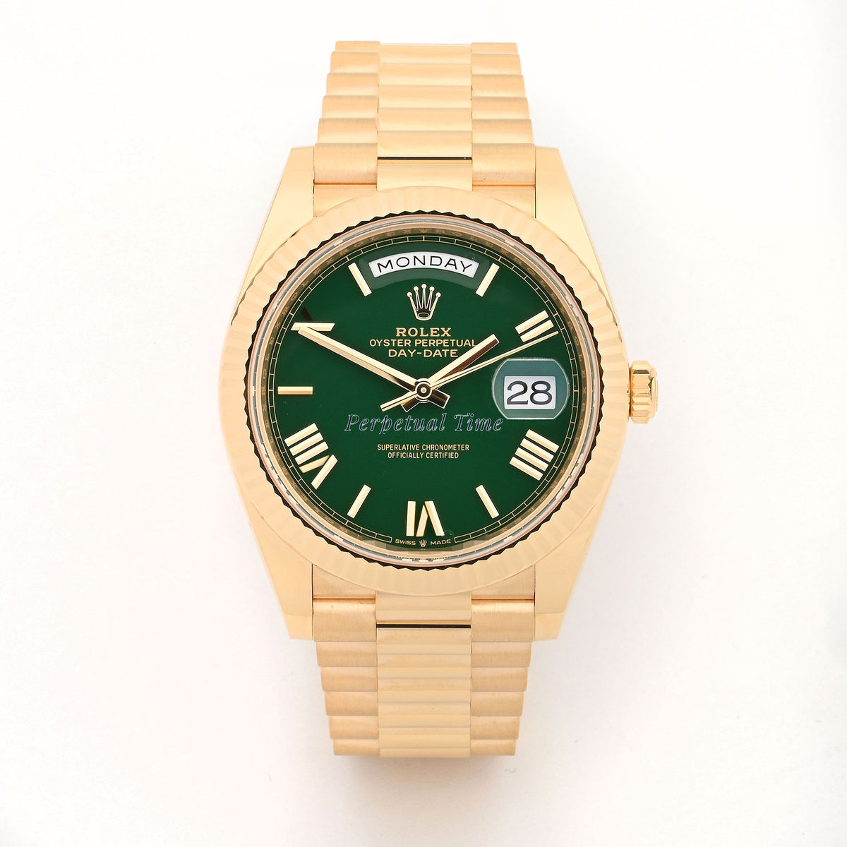 Rolex Day-Date 40mm "Money" Green Roman Dial 228238 Fluted Bezel President Band Card 2026