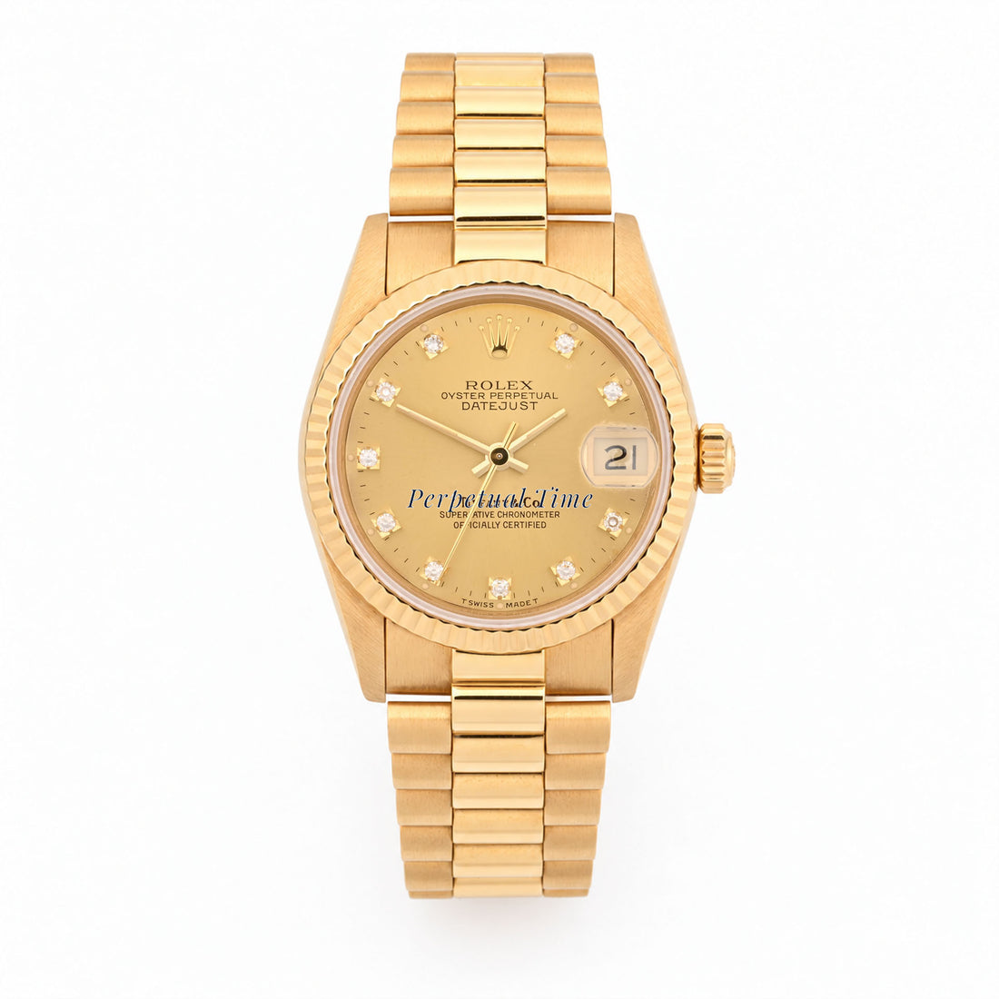 Rolex Datejust 31 Champagne Diamond Tiffany & Co Stamp Dial 68278 Fluted Bezel President Band