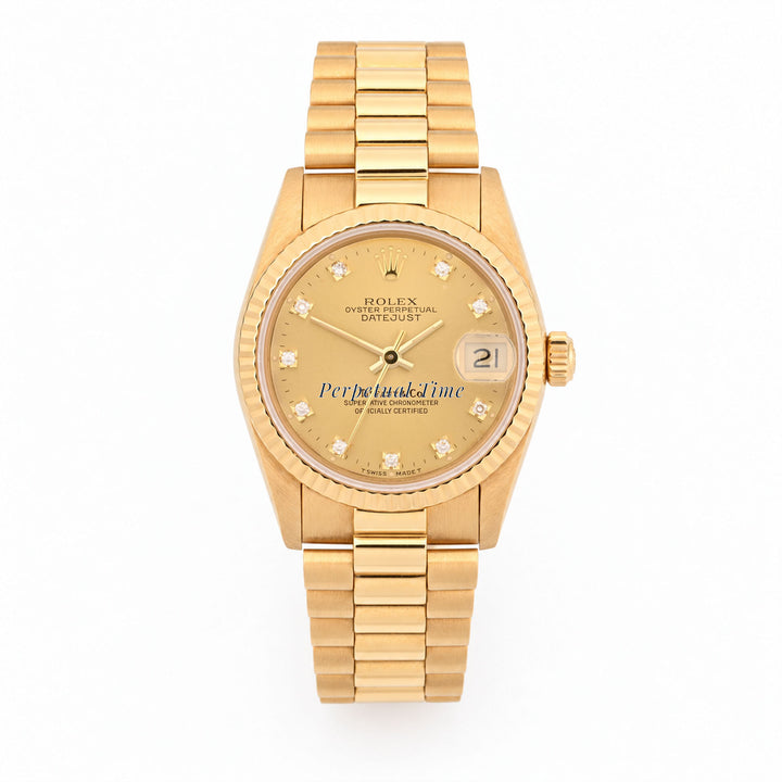 Rolex Datejust 31 Champagne Diamond Tiffany & Co Stamp Dial 68278 Fluted Bezel President Band