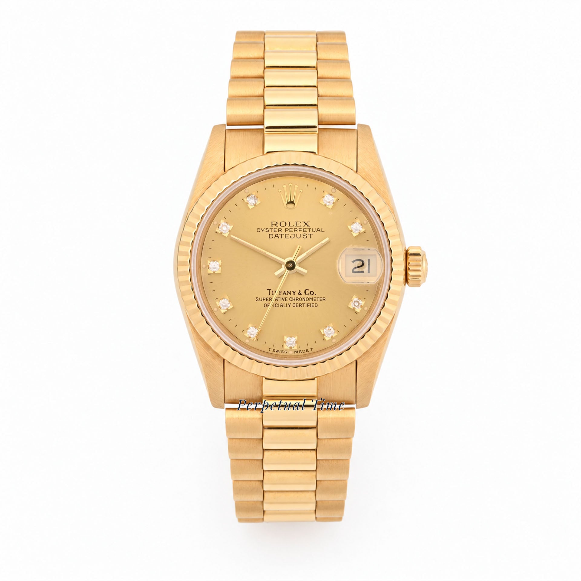 Rolex Datejust 31 Champagne Diamond Tiffany & Co Stamp Dial 68278 Fluted Bezel President Band
