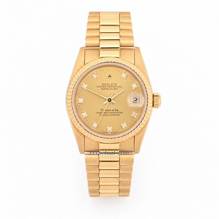 Rolex Datejust 31 Champagne Diamond Tiffany & Co Stamp Dial 68278 Fluted Bezel President Band