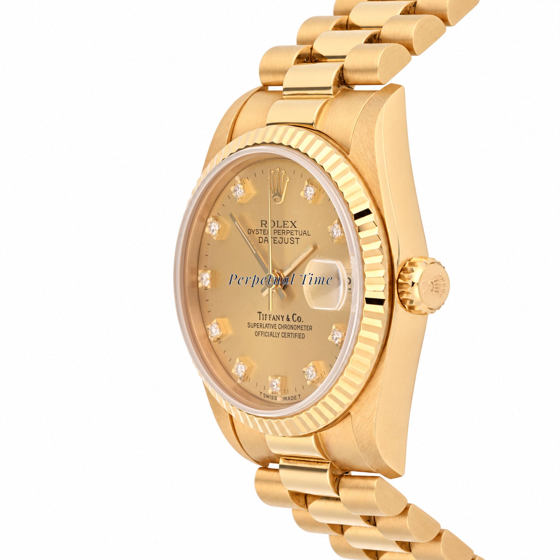 Rolex Datejust 31 Champagne Diamond Tiffany & Co Stamp Dial 68278 Fluted Bezel President Band
