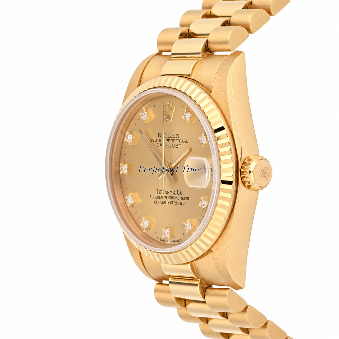 Rolex Datejust 31 Champagne Diamond Tiffany & Co Stamp Dial 68278 Fluted Bezel President Band