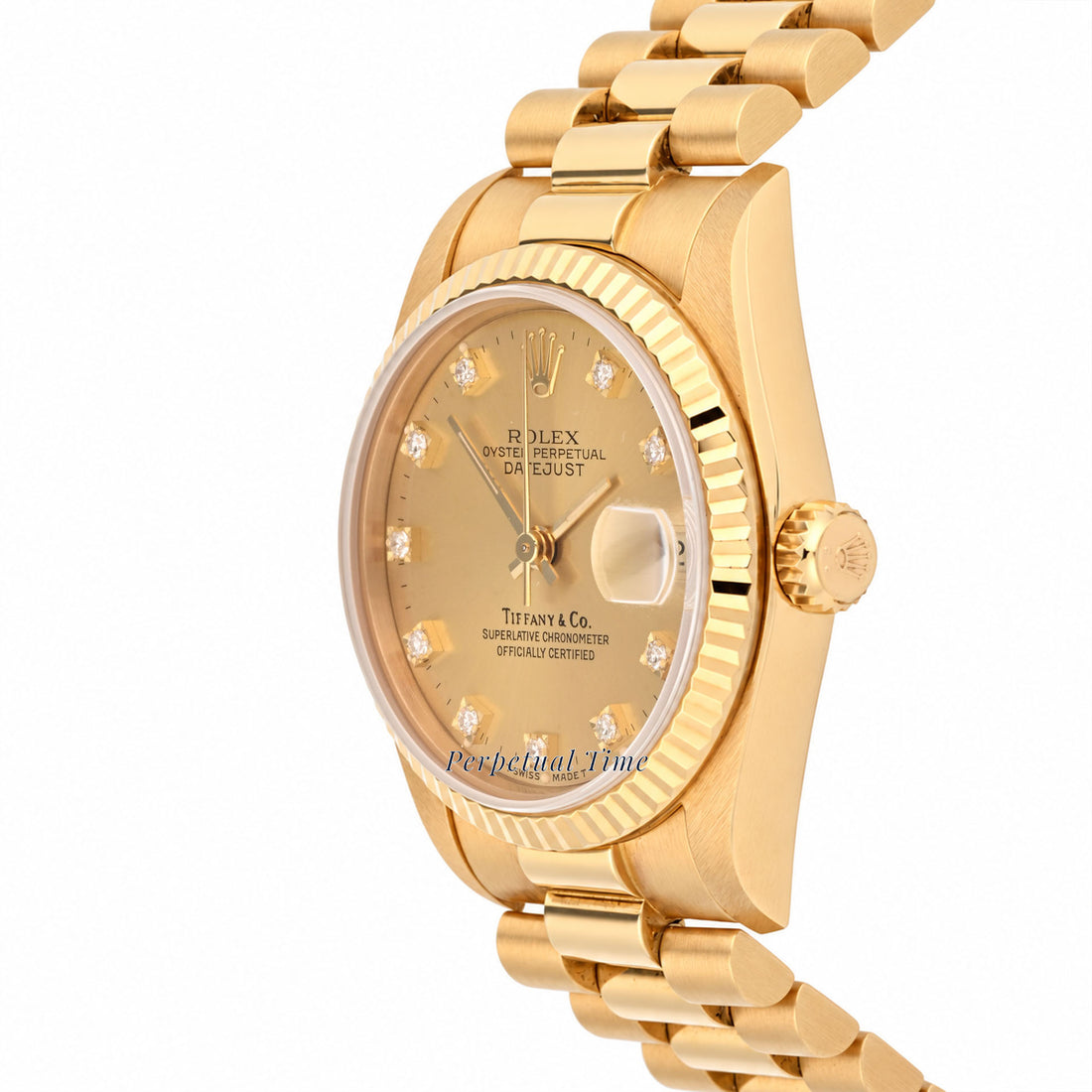 Rolex Datejust 31 Champagne Diamond Tiffany & Co Stamp Dial 68278 Fluted Bezel President Band