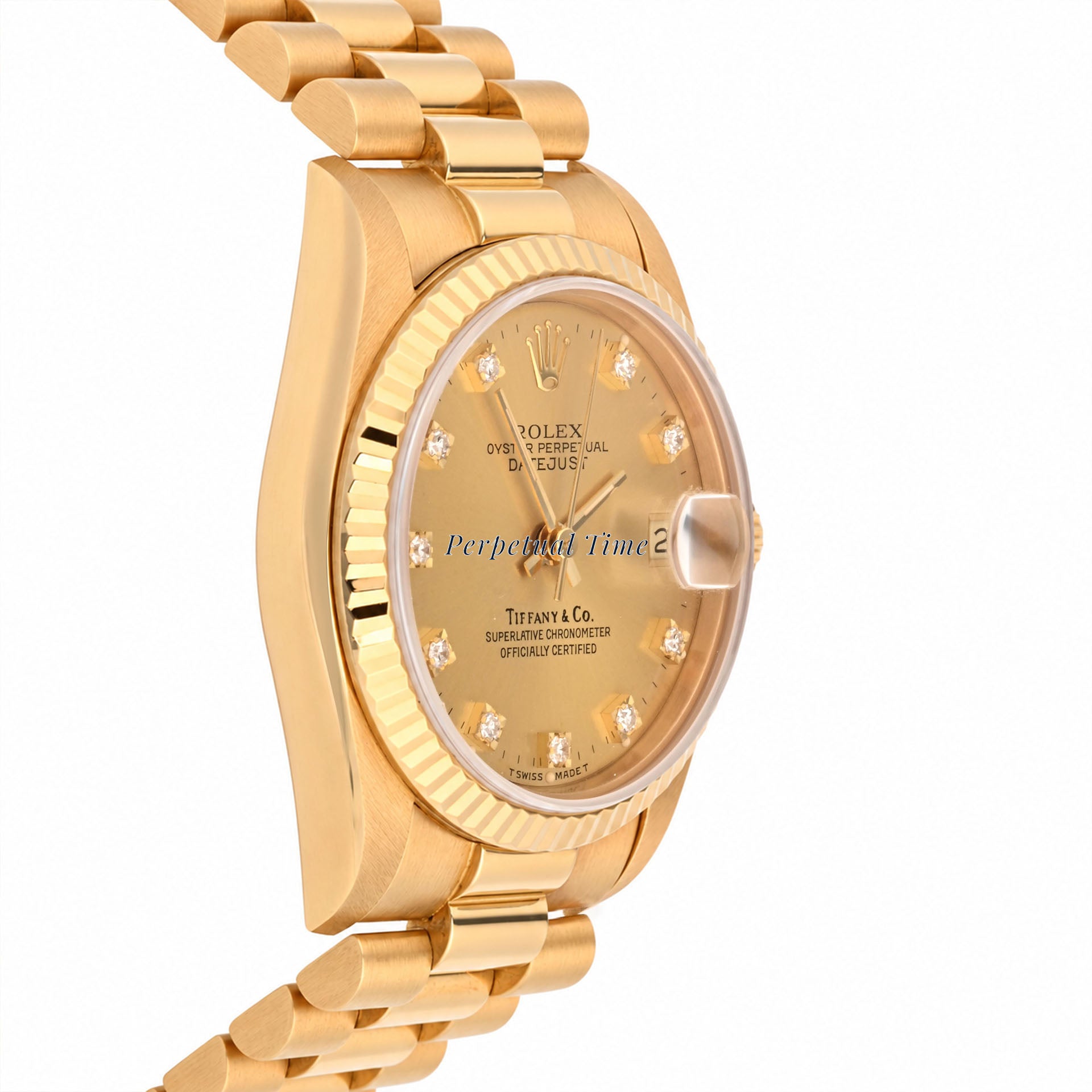 Rolex Datejust 31 Champagne Diamond Tiffany & Co Stamp Dial 68278 Fluted Bezel President Band