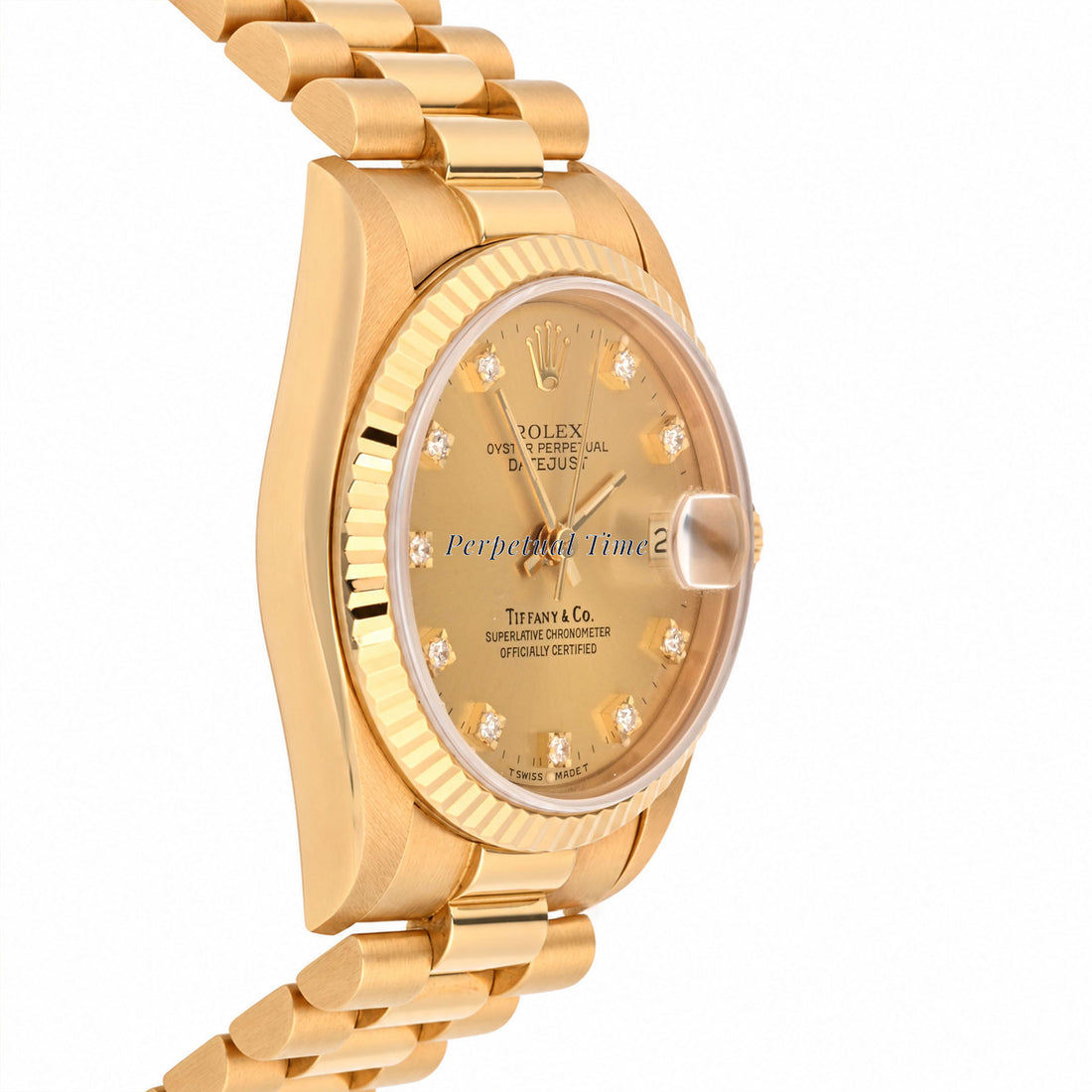 Rolex Datejust 31 Champagne Diamond Tiffany & Co Stamp Dial 68278 Fluted Bezel President Band