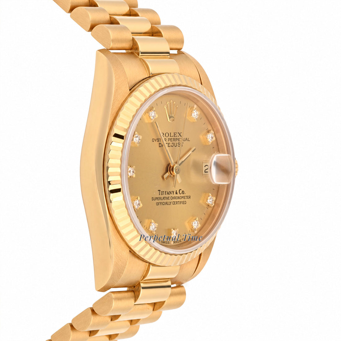 Rolex Datejust 31 Champagne Diamond Tiffany & Co Stamp Dial 68278 Fluted Bezel President Band