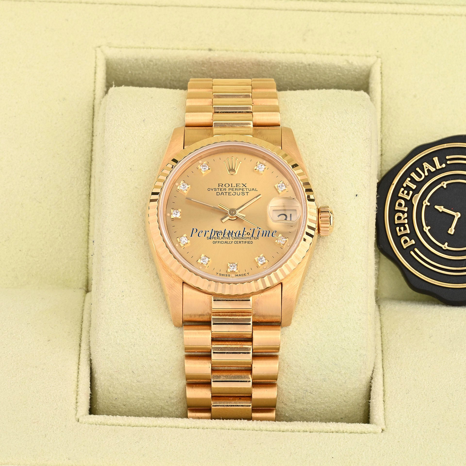 Rolex Datejust 31 Champagne Diamond Tiffany & Co Stamp Dial 68278 Fluted Bezel President Band