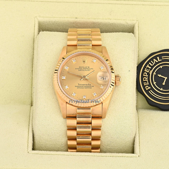 Rolex Datejust 31 Champagne Diamond Tiffany & Co Stamp Dial 68278 Fluted Bezel President Band