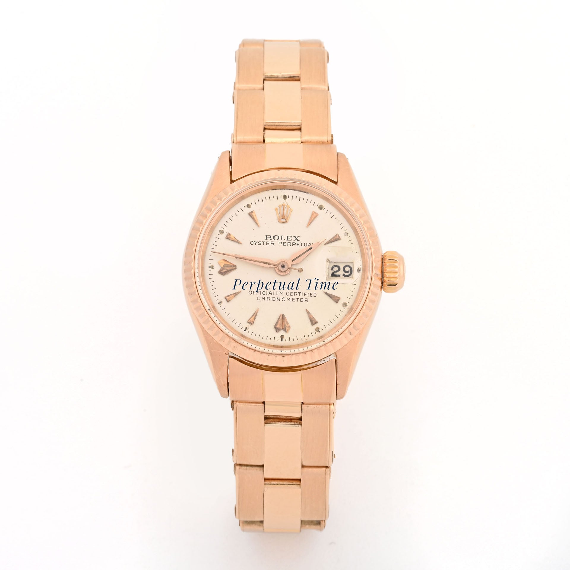 Rolex Oyster Perpetual Date 26mm Rose Gold Silver Dial 6517 Fluted Bezel Riveted Oyster Band
