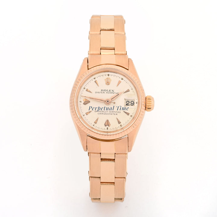 Rolex Oyster Perpetual Date 26mm Rose Gold Silver Dial 6517 Fluted Bezel Riveted Oyster Band