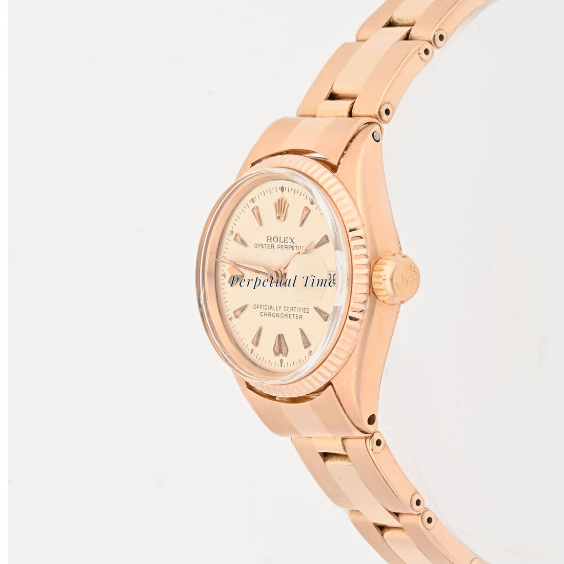 Rolex Oyster Perpetual Date 26mm Rose Gold Silver Dial 6517 Fluted Bezel Riveted Oyster Band