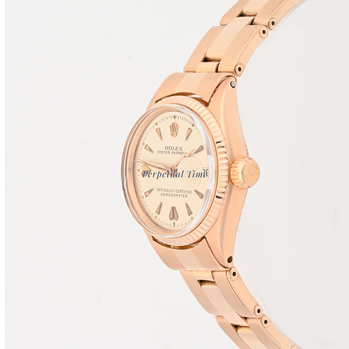 Rolex Oyster Perpetual Date 26mm Rose Gold Silver Dial 6517 Fluted Bezel Riveted Oyster Band