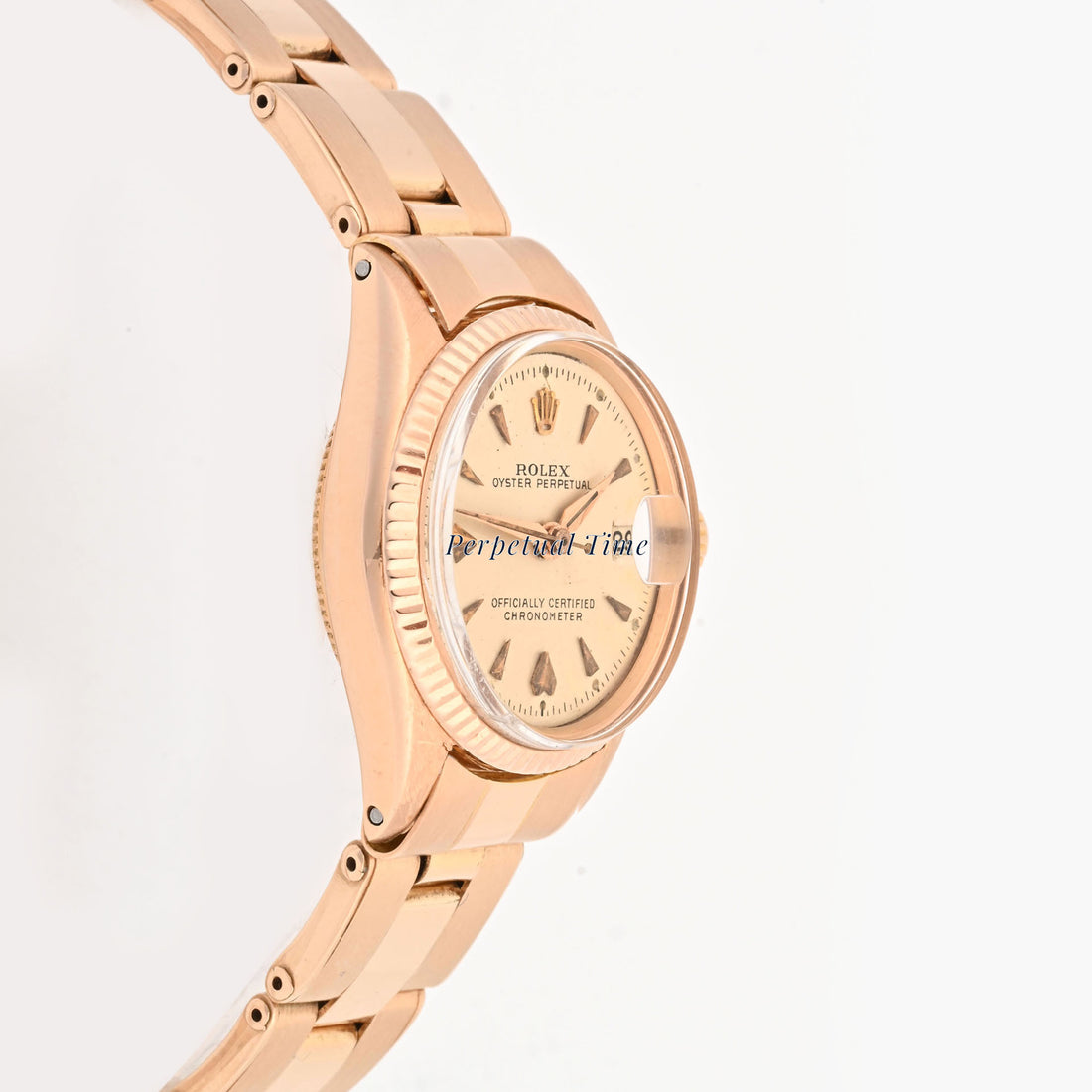 Rolex Oyster Perpetual Date 26mm Rose Gold Silver Dial 6517 Fluted Bezel Riveted Oyster Band
