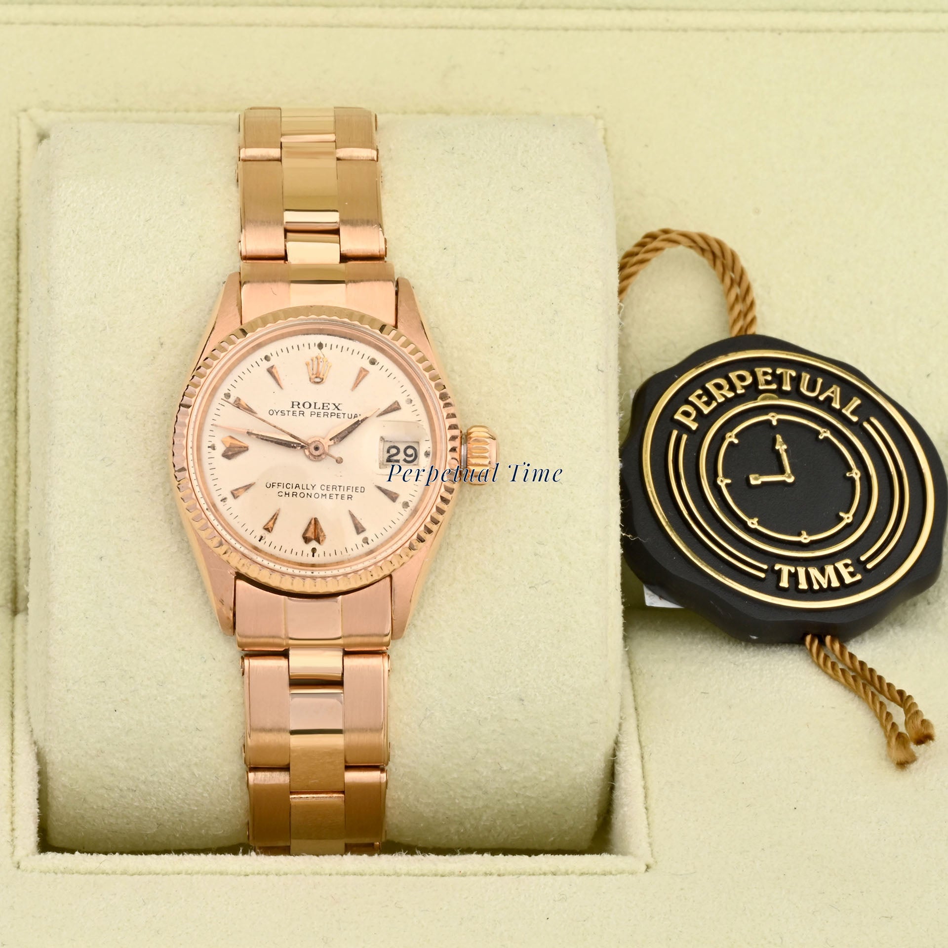 Rolex Oyster Perpetual Date 26mm Rose Gold Silver Dial 6517 Fluted Bezel Riveted Oyster Band