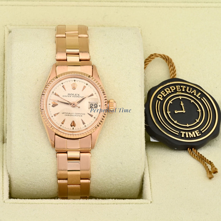 Rolex Oyster Perpetual Date 26mm Rose Gold Silver Dial 6517 Fluted Bezel Riveted Oyster Band