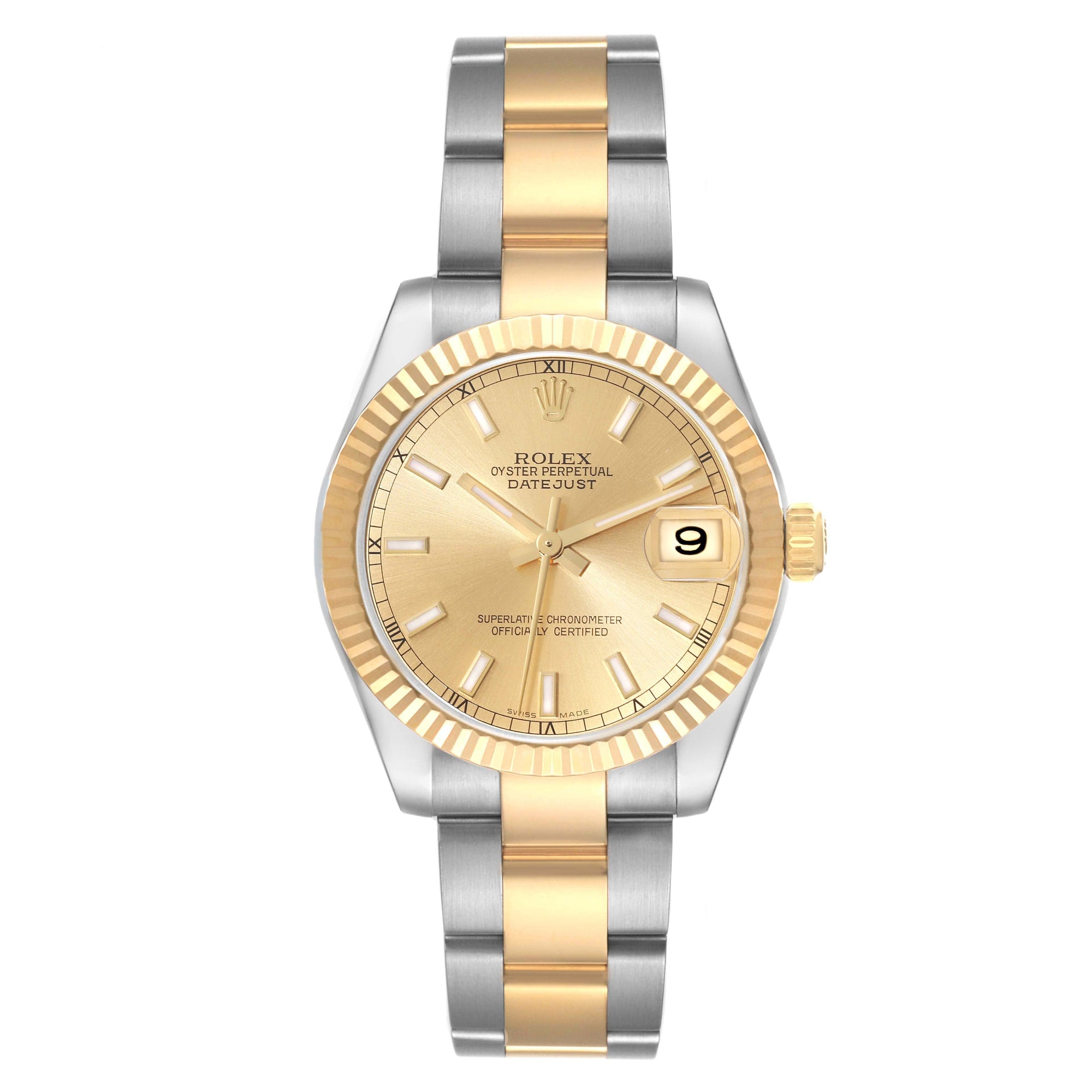 ROLEX DATEJUST 31MM STAINLESS STEEL & YELLOW GOLD 178273 |CHAMPAGNE STICK| FLUTED BEZEL | OYSTER BAND
