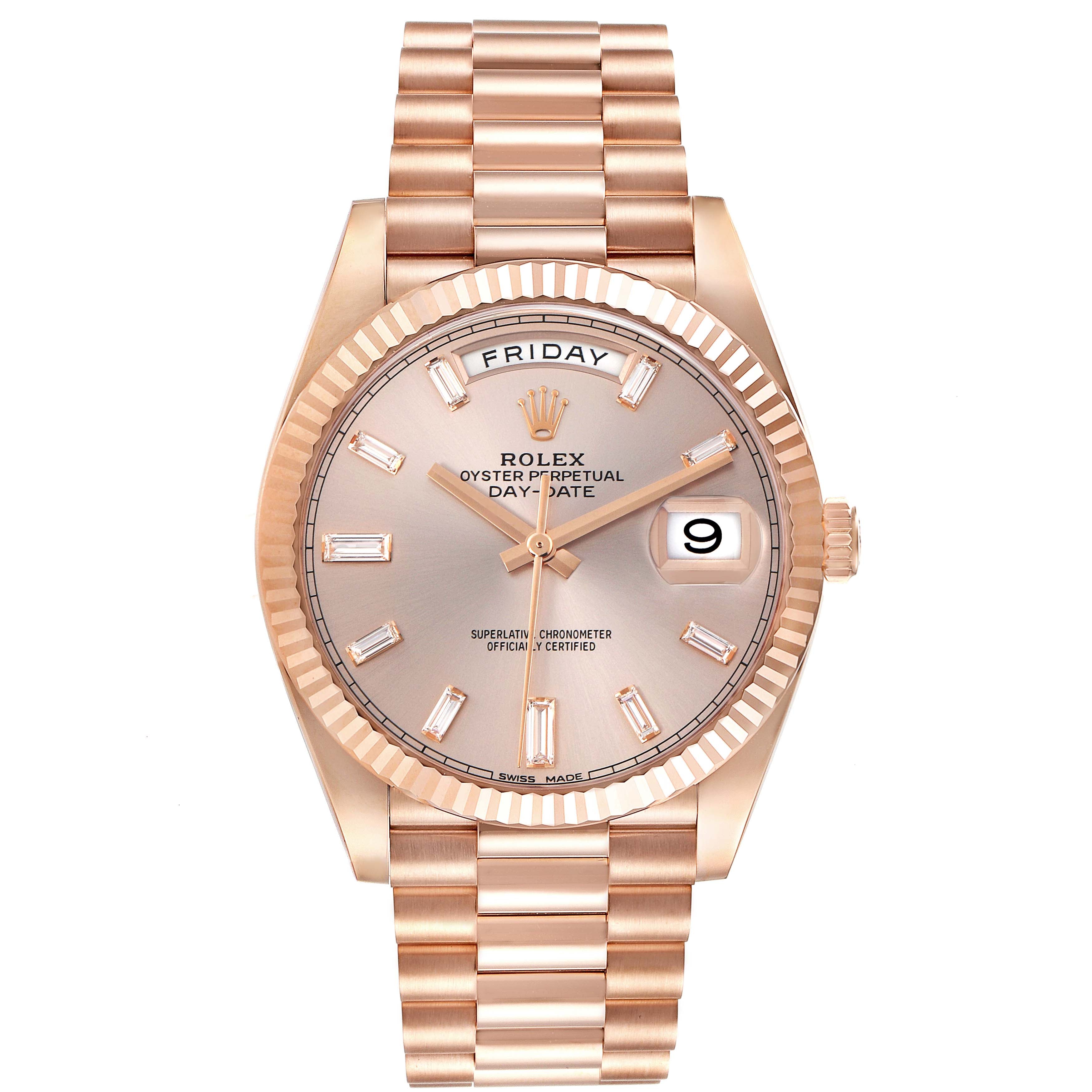 ROLEX DAY-DATE 40MM ROSE GOLD 228235 | SUNDUST DIAMOND DIAL | FLUTED BEZEL| PRESIDENT BAND |