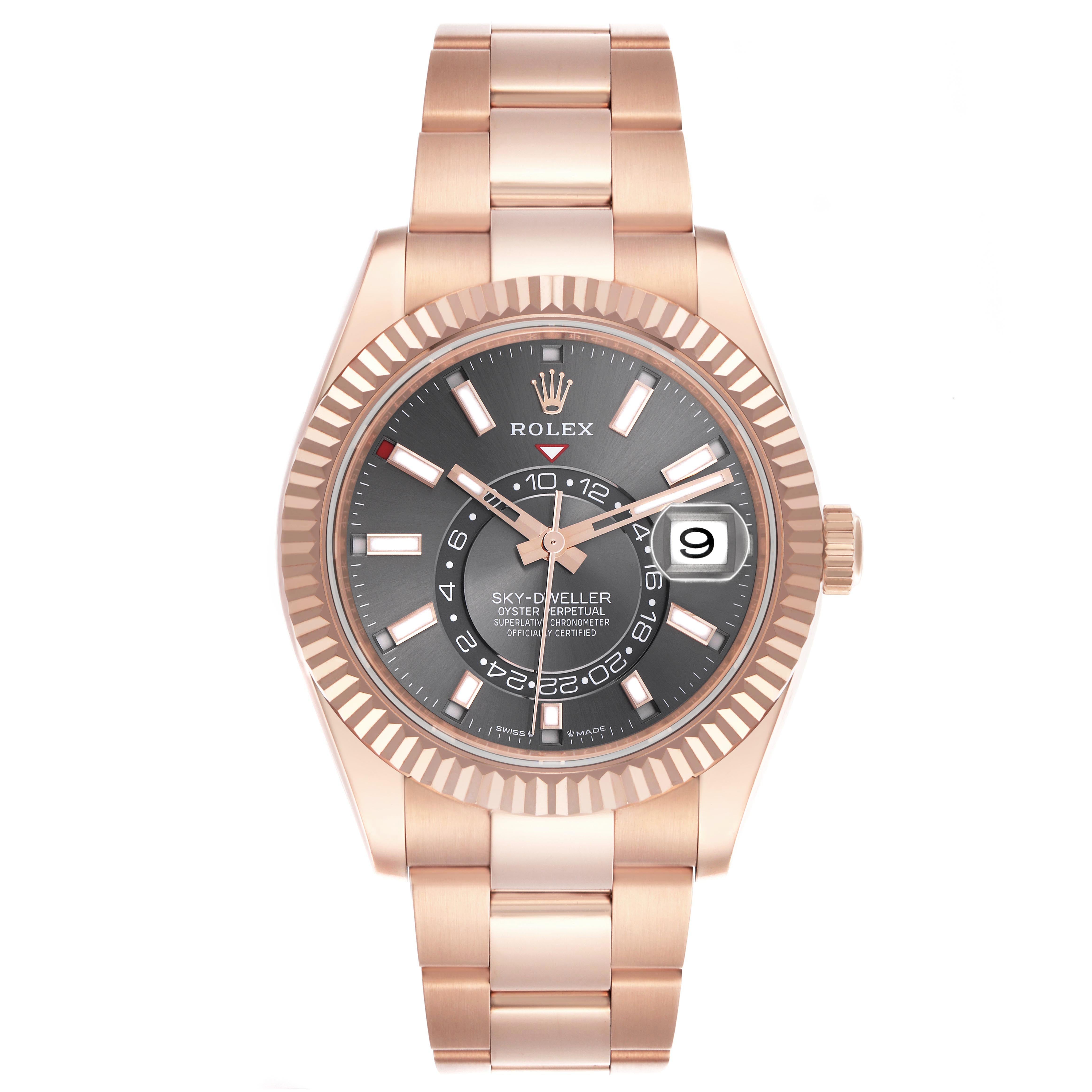 ROLEX SKY-DWELLER ROSE GOLD 42MM 336935 | GRAY DIAL| FLUTED BEZEL | OYSTER BAND