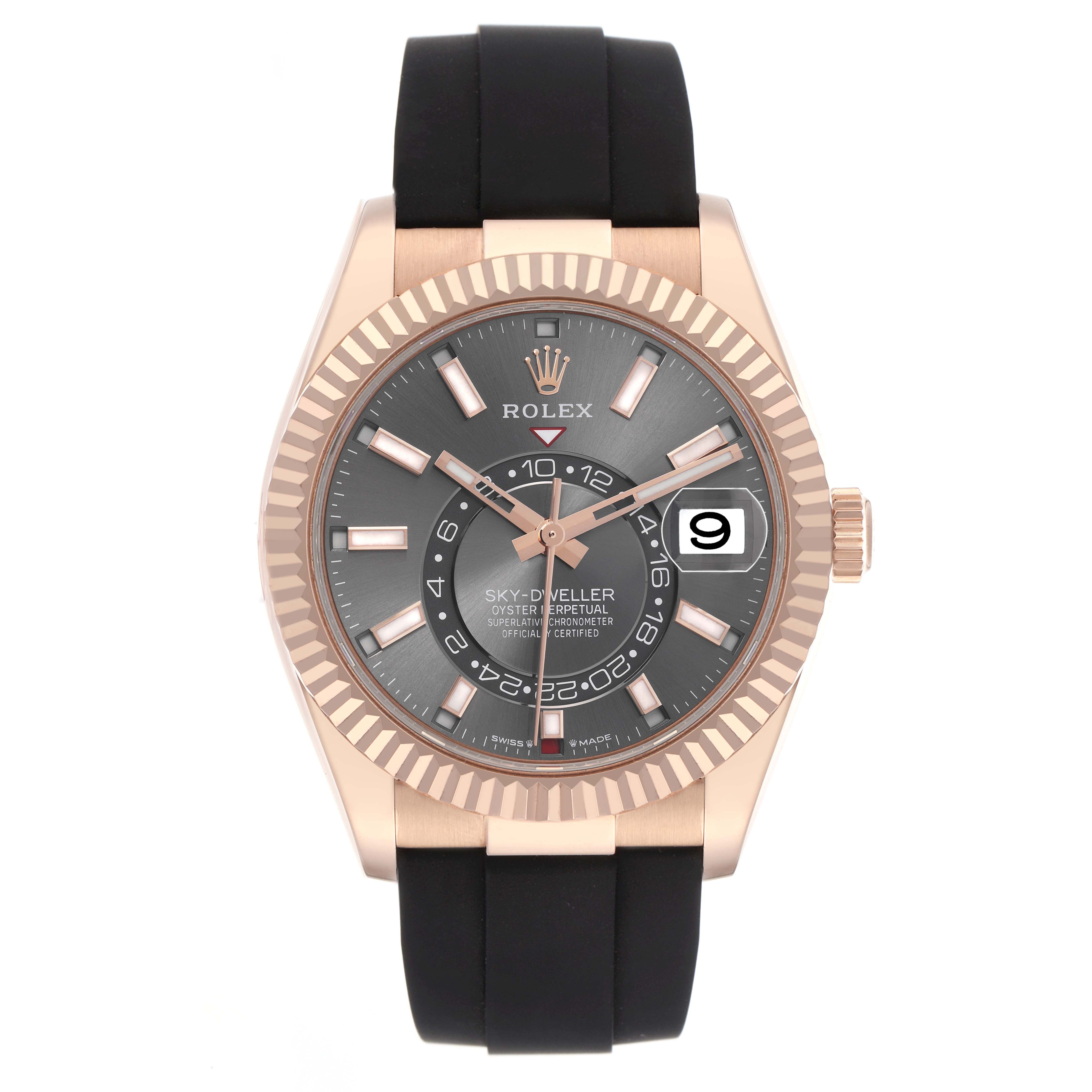 ROLEX SKYDWELLER OYSTERFLEX ROSE GOLD 42MM 326235|GRAY STICK DIAL|FLUTED BEZEL| OYSTERFLEX