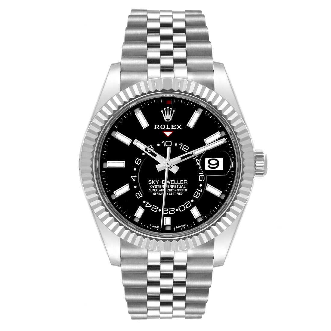 ROLEX SKY-DWELLER 42MM STAINLESS STEEL| BLACK DIAL| FLUTED BEZEL| JUBILEE BAND