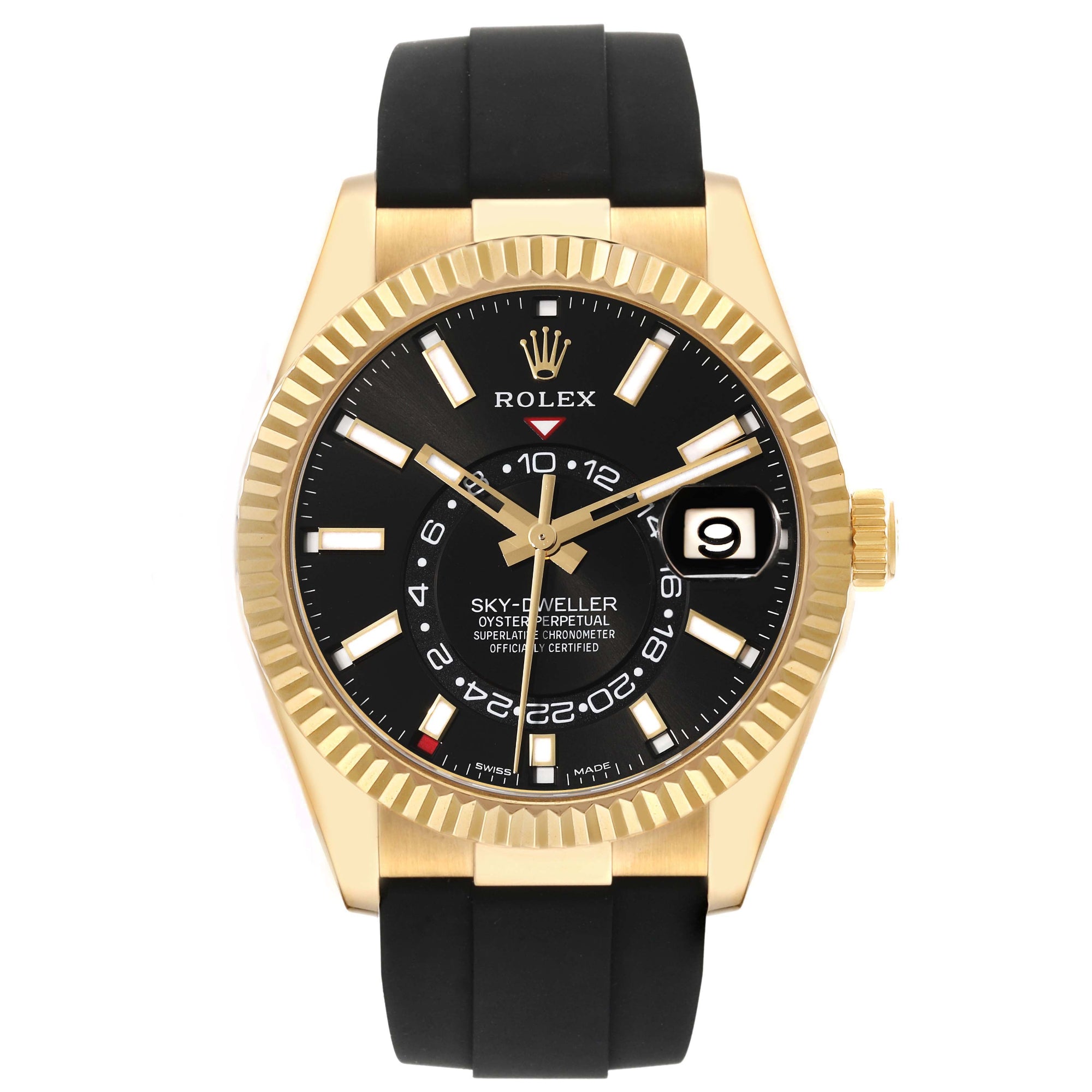 ROLEX SKYDWELLER OYSTERFLEX YELLOW GOLD 326238 |BLACK STICK DIAL |FLUTED BEZEL | OYSTERFLEX
