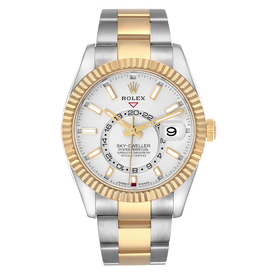 ROLEX SKY-DWELLER STAINLESS STEEL & YELLOW GOLD 42MM 326933 | WHITE STICK | FLUTED BEZEL | OYSTER BAND
