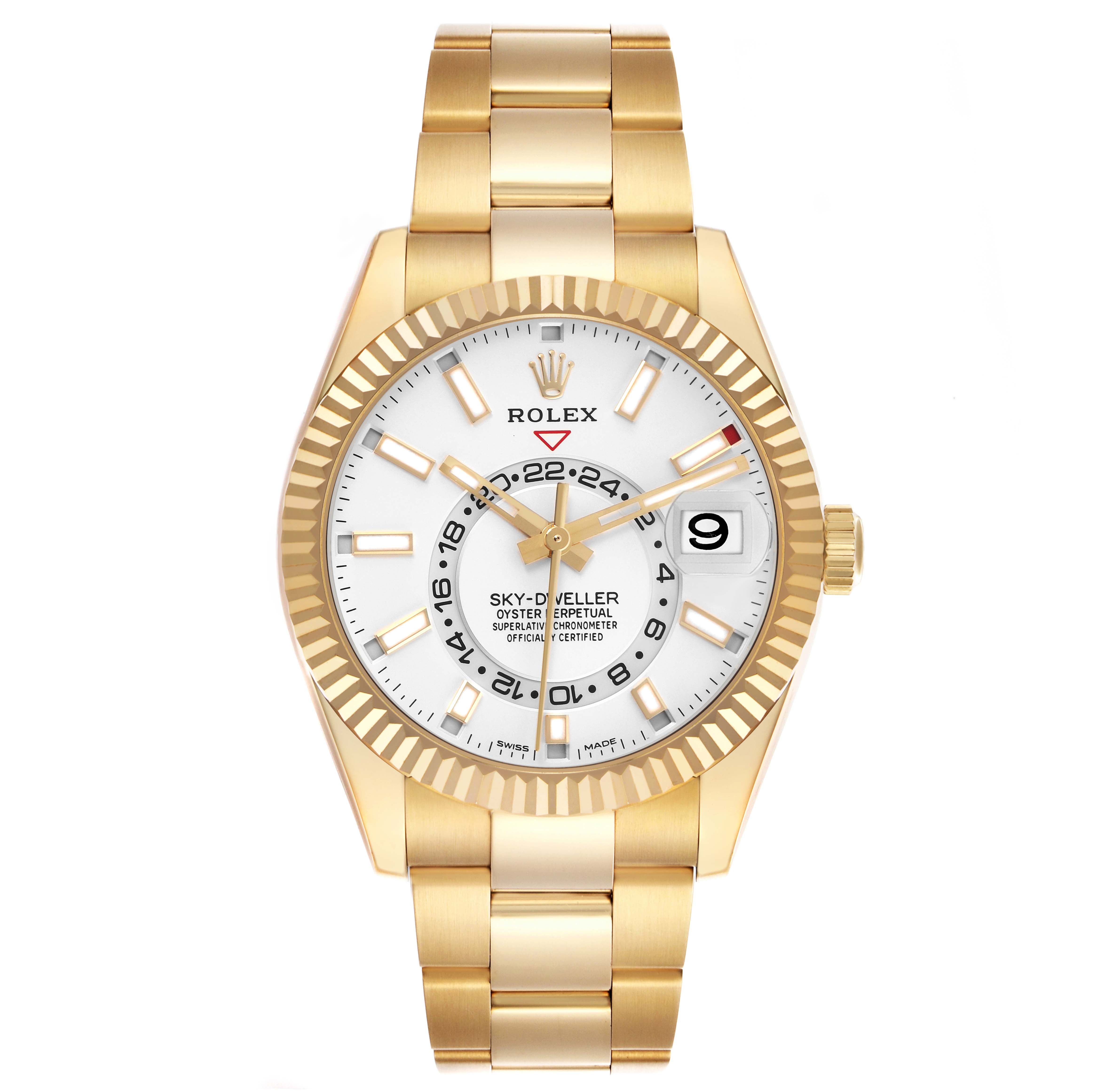 ROLEX SKY-DWELLER YELLOW GOLD 42MM 326938 | WHITE STICK | FLUTED BEZEL | OYSTER BAND