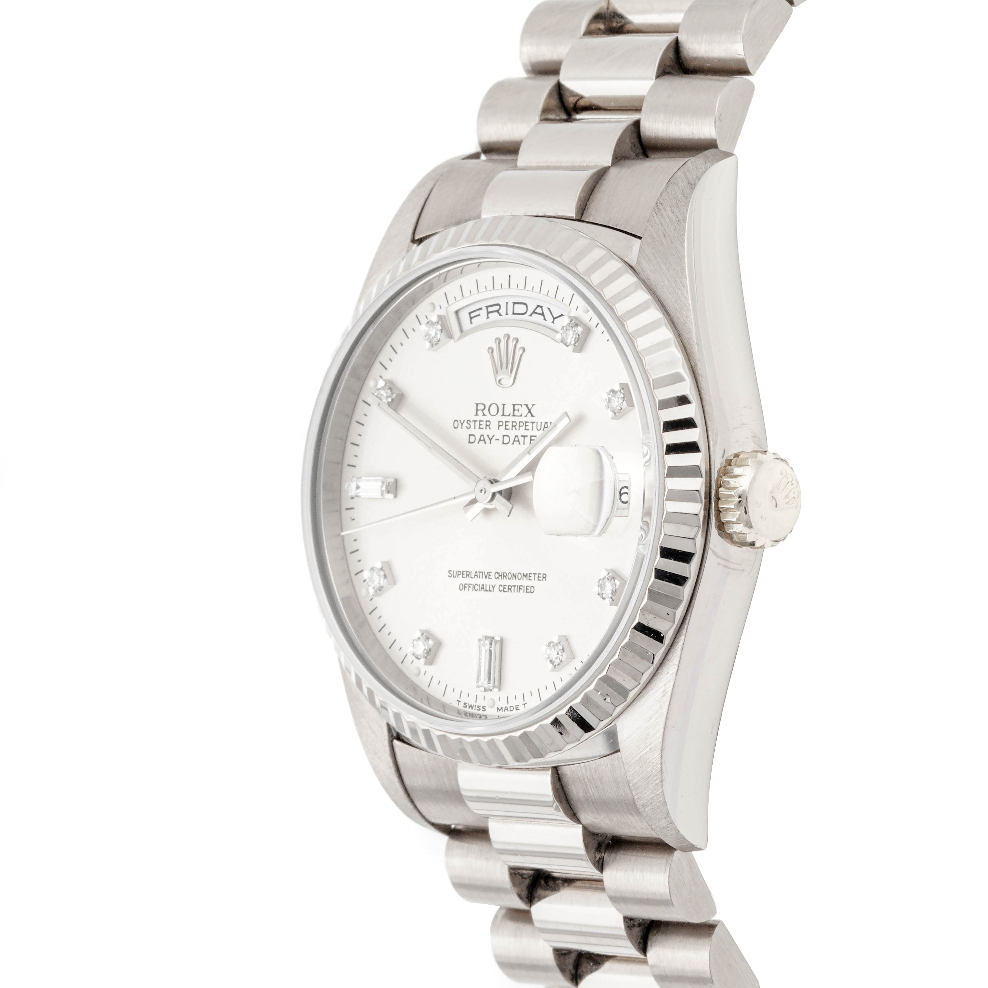 Rolex Day-Date 36mm White Gold Silver Diamond Dial on President Band 18239