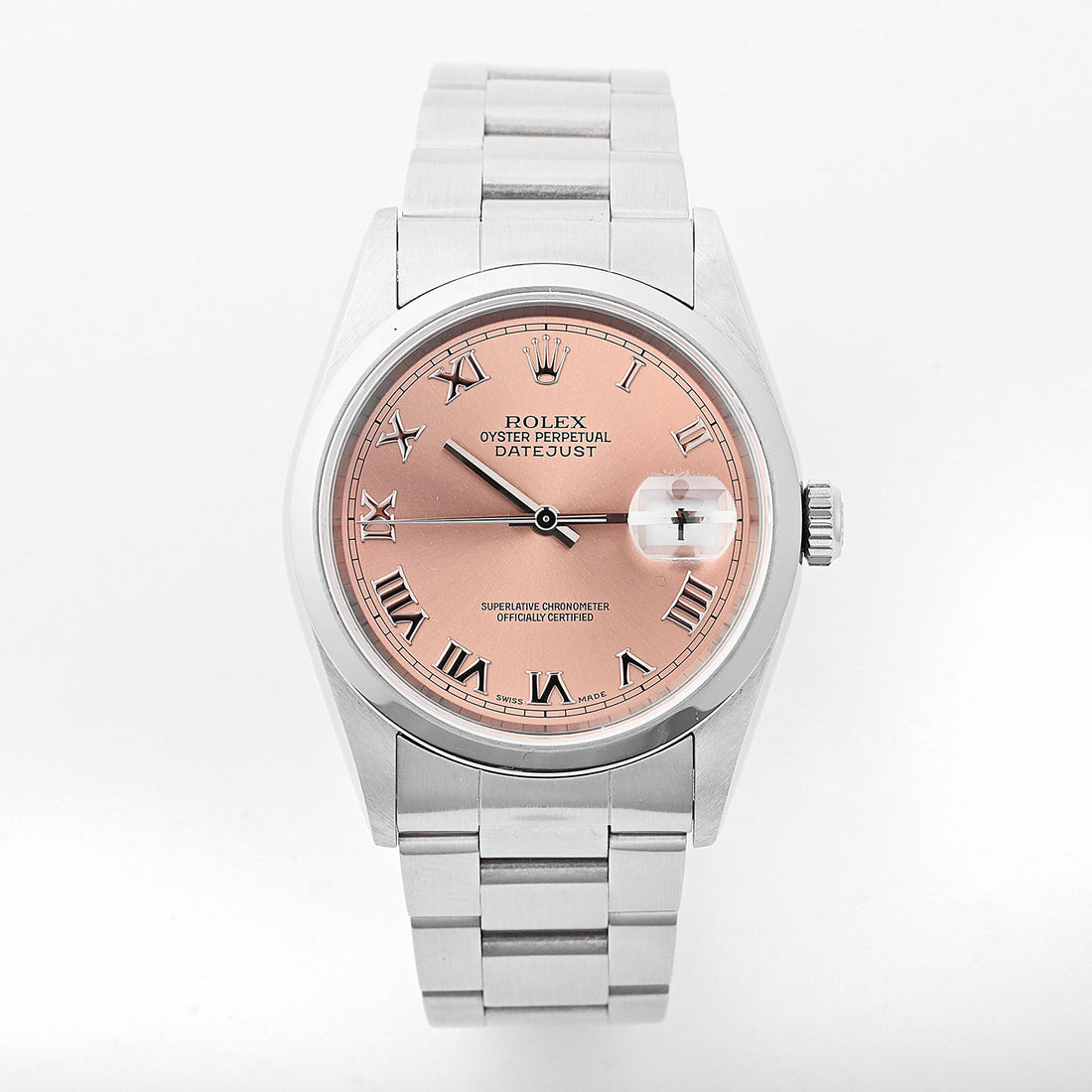 Rolex Datejust 36mm Stainless Steel Smooth BezelPink Roman Dial on Oyster 16200 Papers 1999