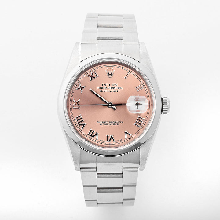Rolex Datejust 36mm Stainless Steel Smooth BezelPink Roman Dial on Oyster 16200 Papers 1999
