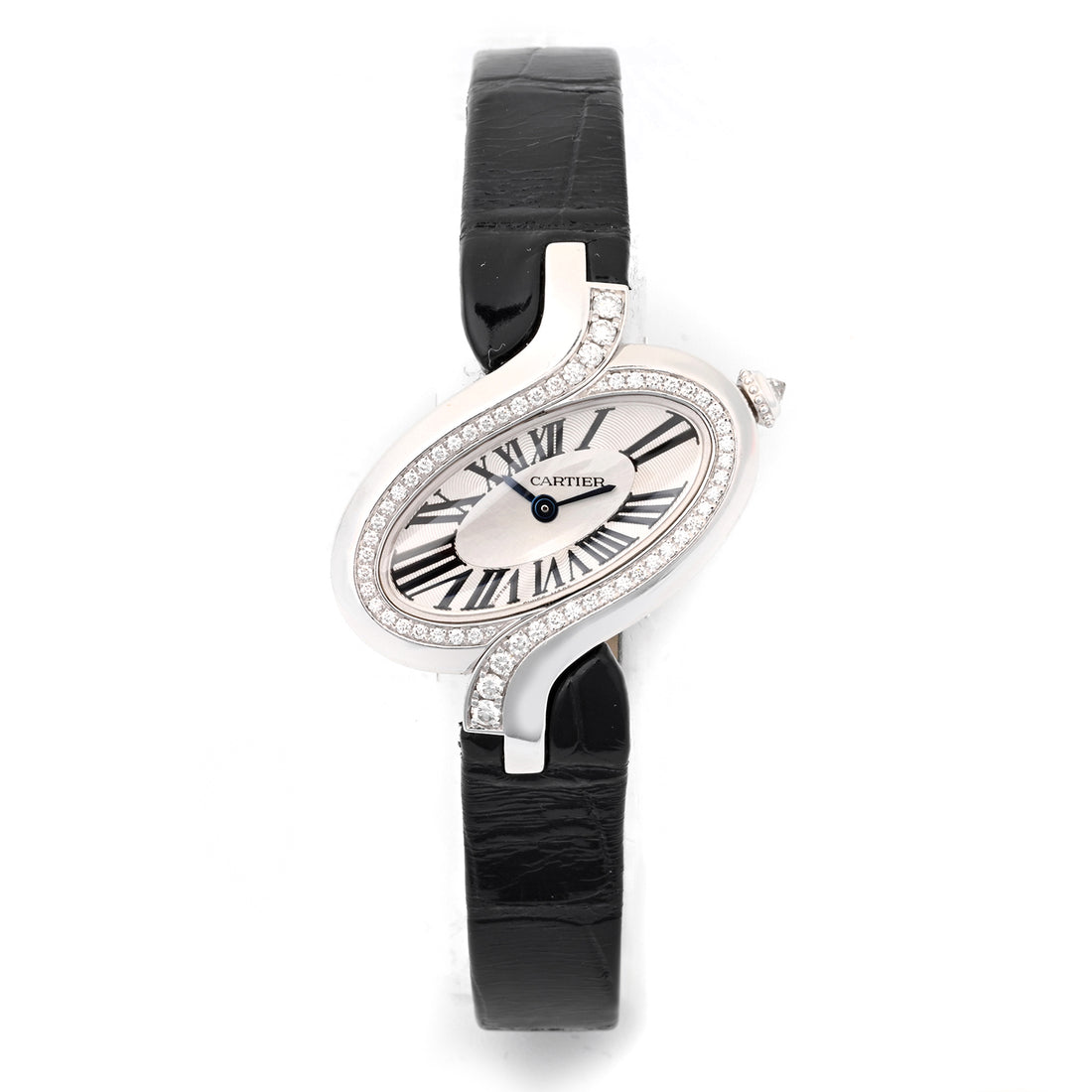 Cartier Delice White Gold Silver Roman Dial Factory Diamond on Black Leather w Deployment Buckle WG800014 Papers Open Date