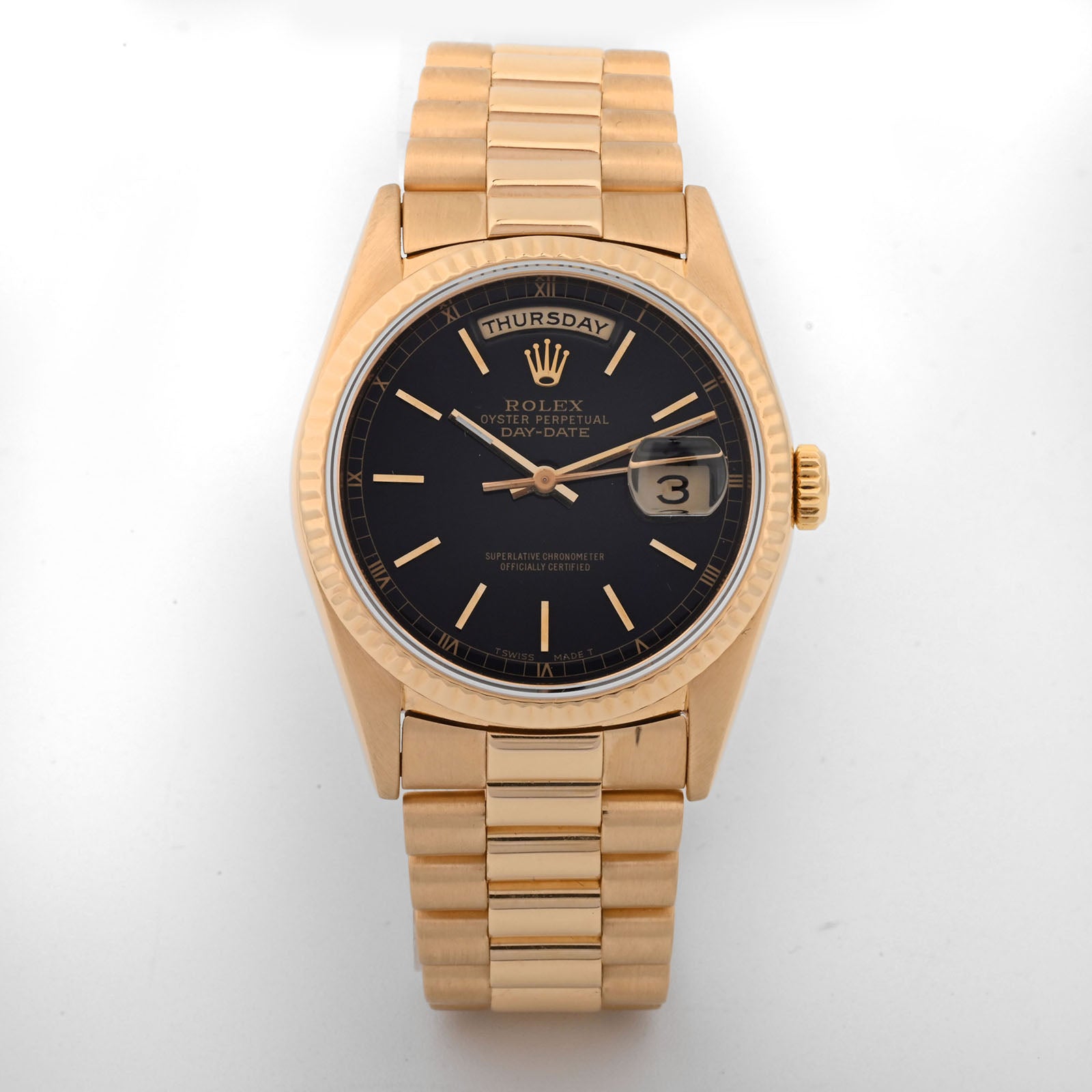 Rolex Day-Date 36mm Yellow Gold Black Stick Dial on President Band 18238