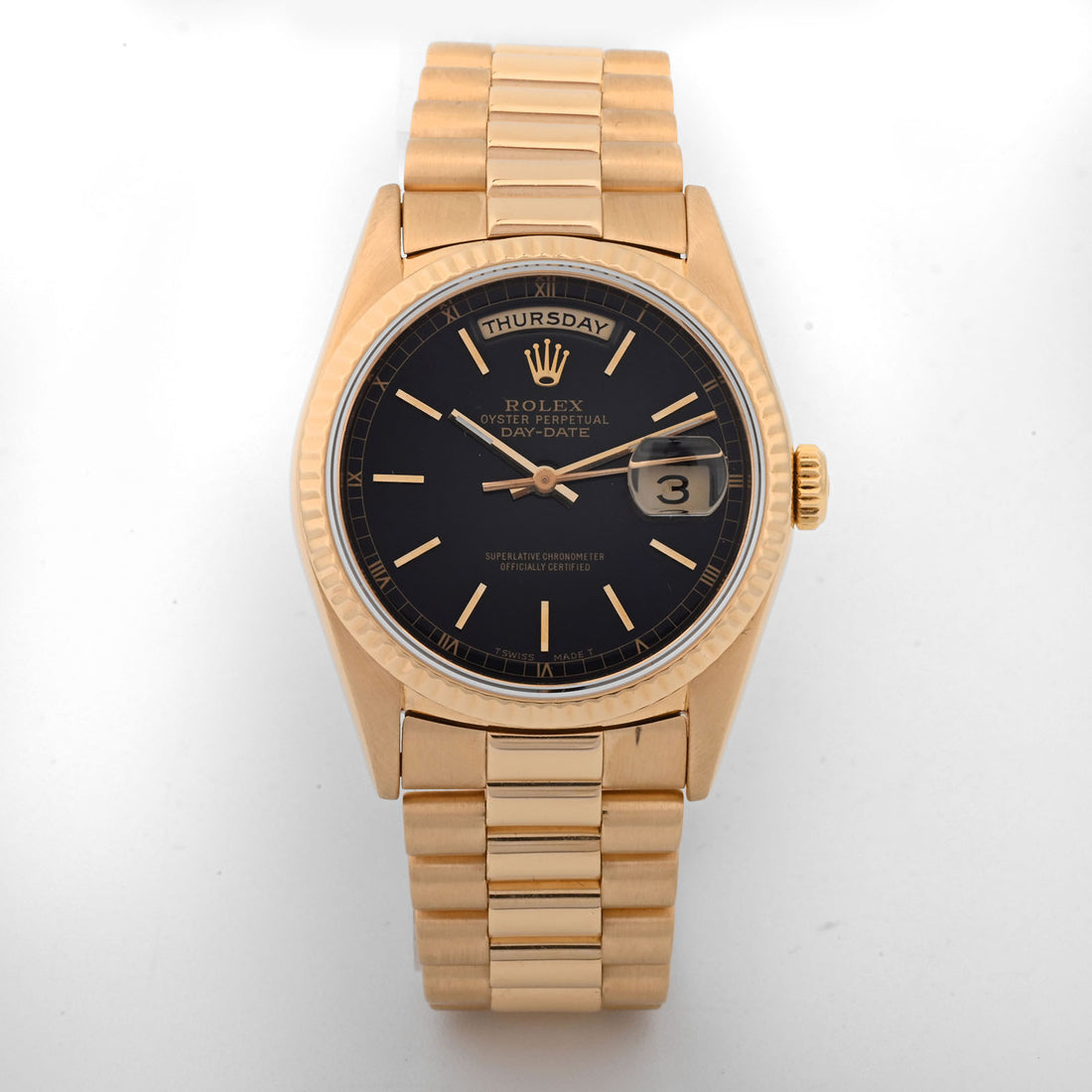 Rolex Day-Date 36mm Yellow Gold Black Stick Dial on President Band 18238