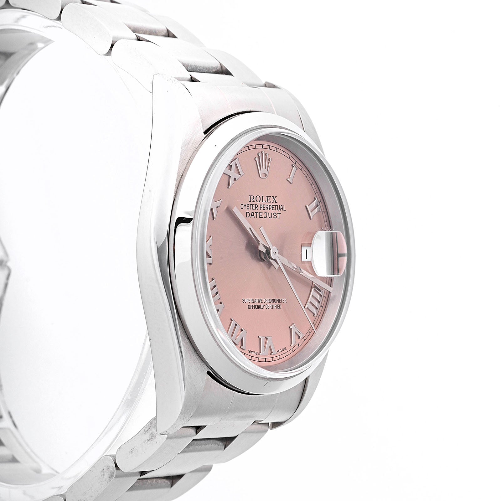 Rolex Datejust 36mm Stainless Steel Smooth BezelPink Roman Dial on Oyster 16200 Papers 1999