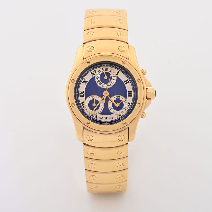 Cartier Santos Ronde Chrono Blue & white Roman Dial on Gold Bracelet W15078G1 Service Card