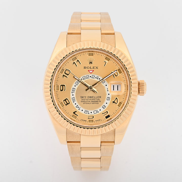 Rolex SkyDweller 42mm Yellow Gold Champagne Sunray Arabic Dial on Oyster band 326938 Card 2015