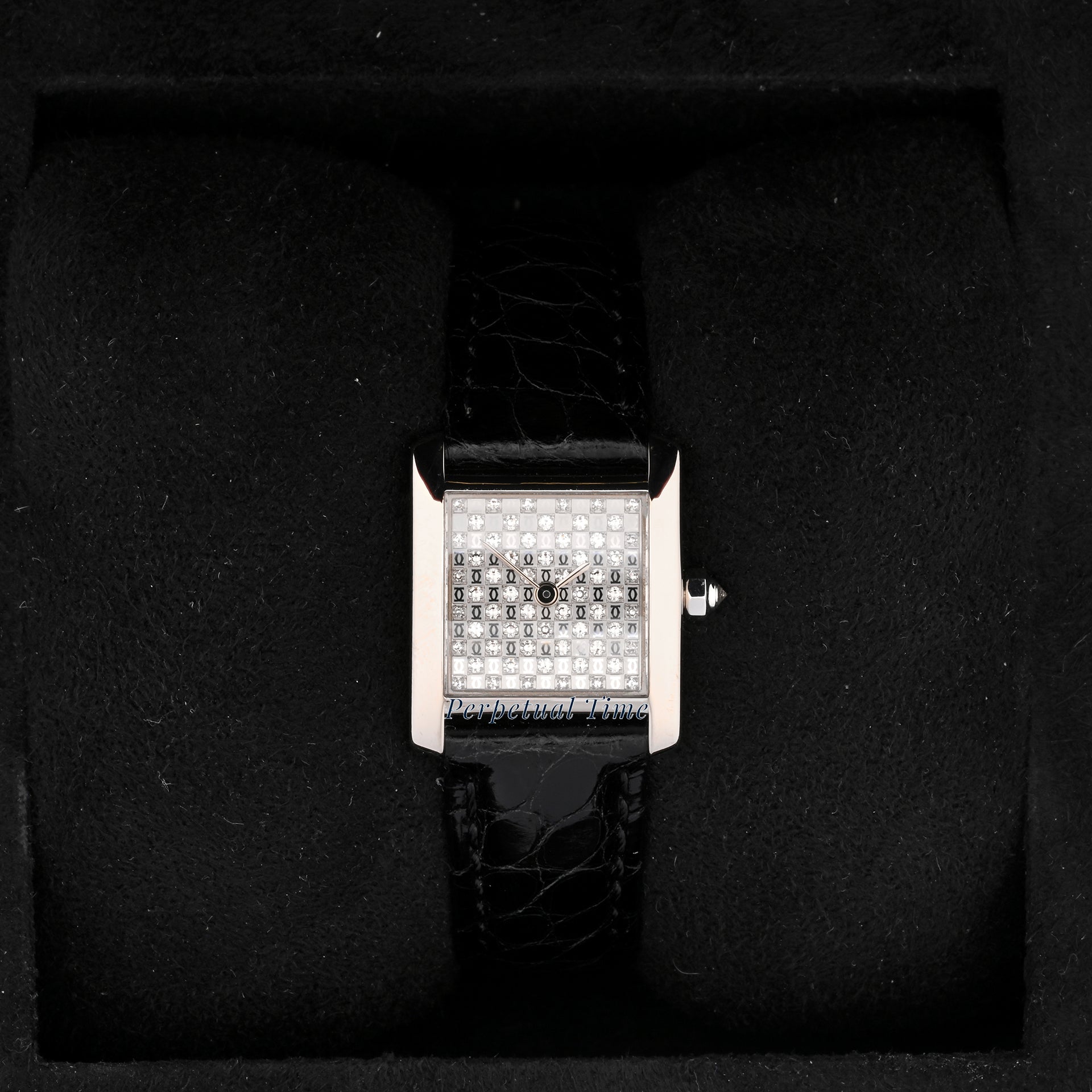 Cartier Tank Francaise Diamond Dial on Black Leather w Deployment Buckle band WE102631