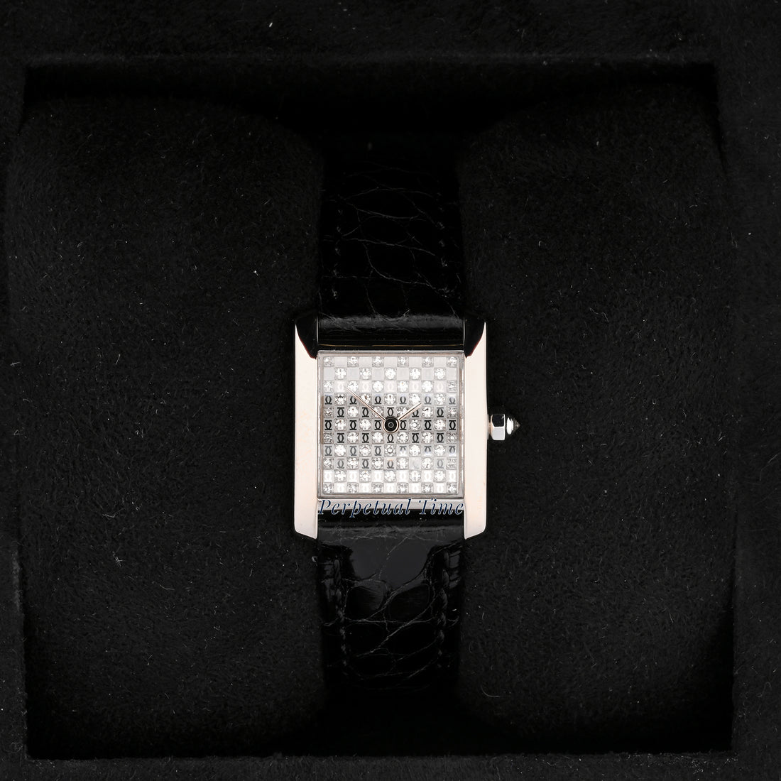 Cartier Tank Francaise Diamond Dial on Black Leather w Deployment Buckle band WE102631