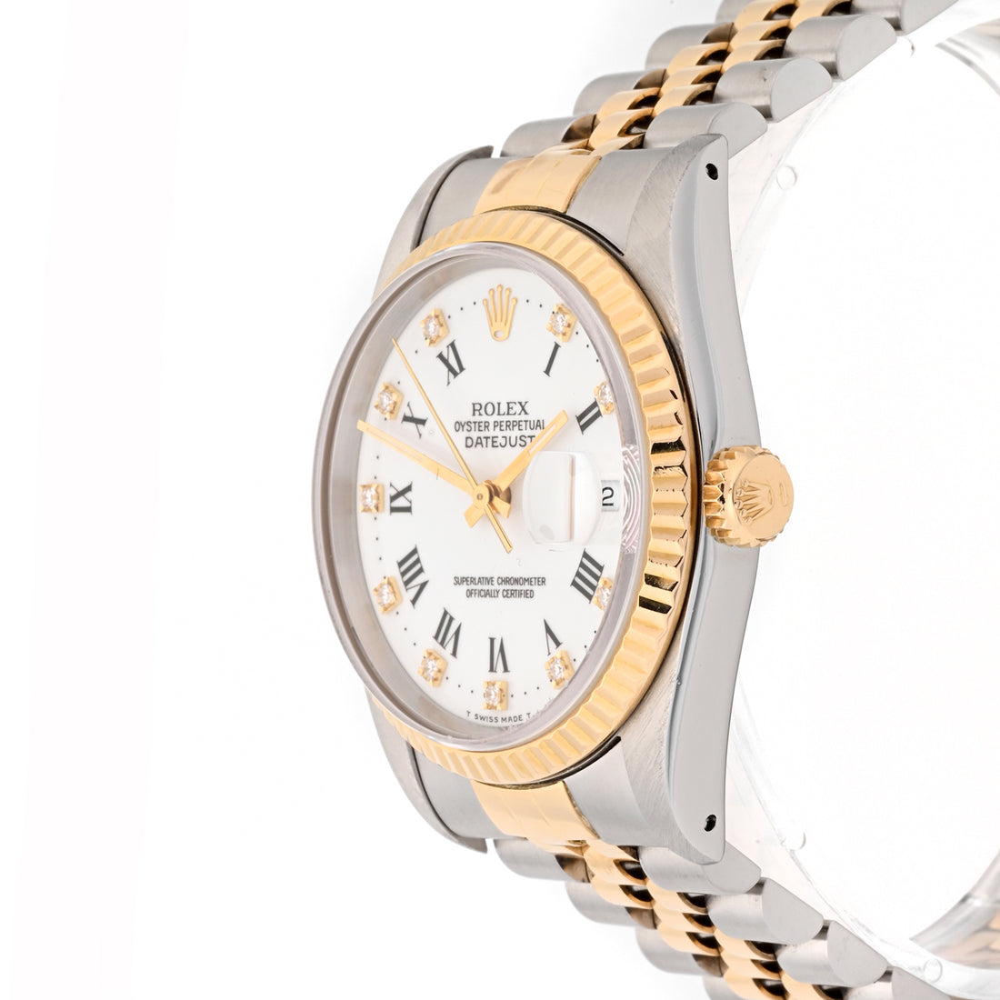 Rolex Datejust 36mm Stainless Steel And Yellow Gold White Roman w Diamond Dial on Jubilee 16013G Papers 1989