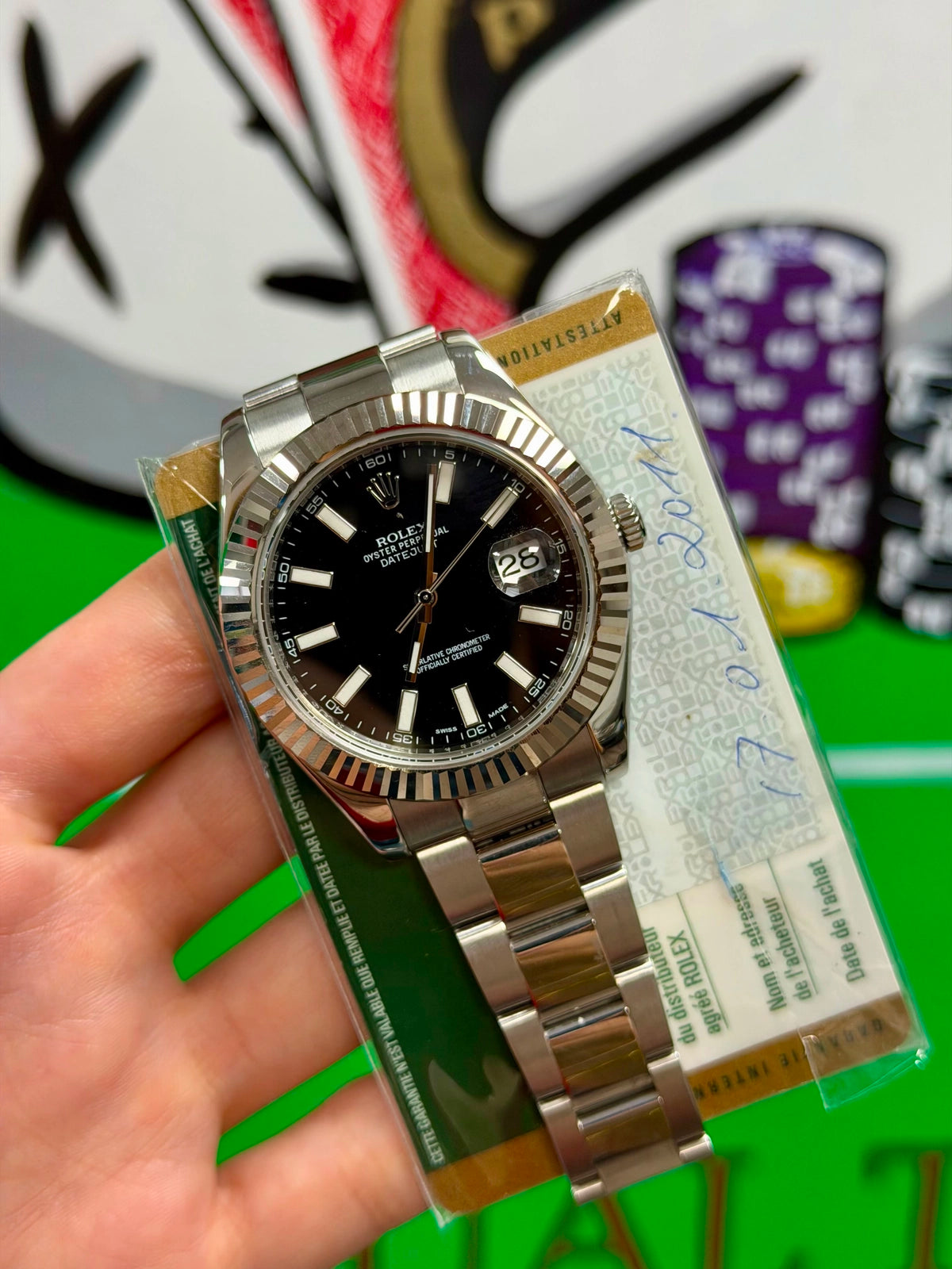 Rolex Datejust II Black Stick Dial on Oyster band 116334 Card 2011