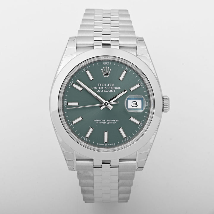 Rolex Datejust 41 Stainless Steel Mint Green Index Dial on Jubilee 126300 Card 2023